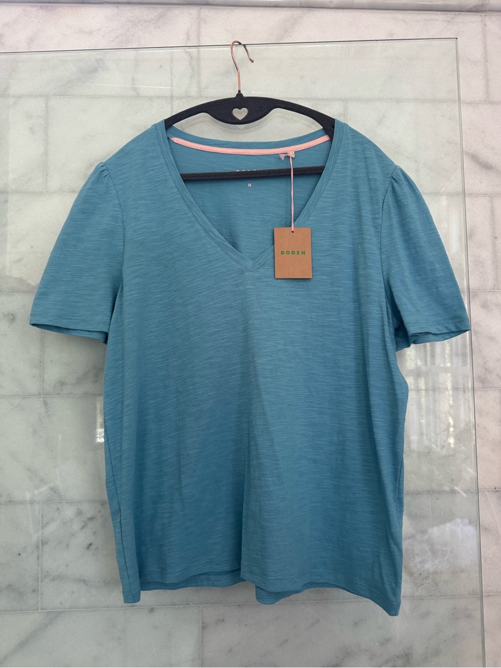 Boden 100% Cotton V-Neck T-Shirt with Gathered Puff Sleeves, Teal Blue, Size Med